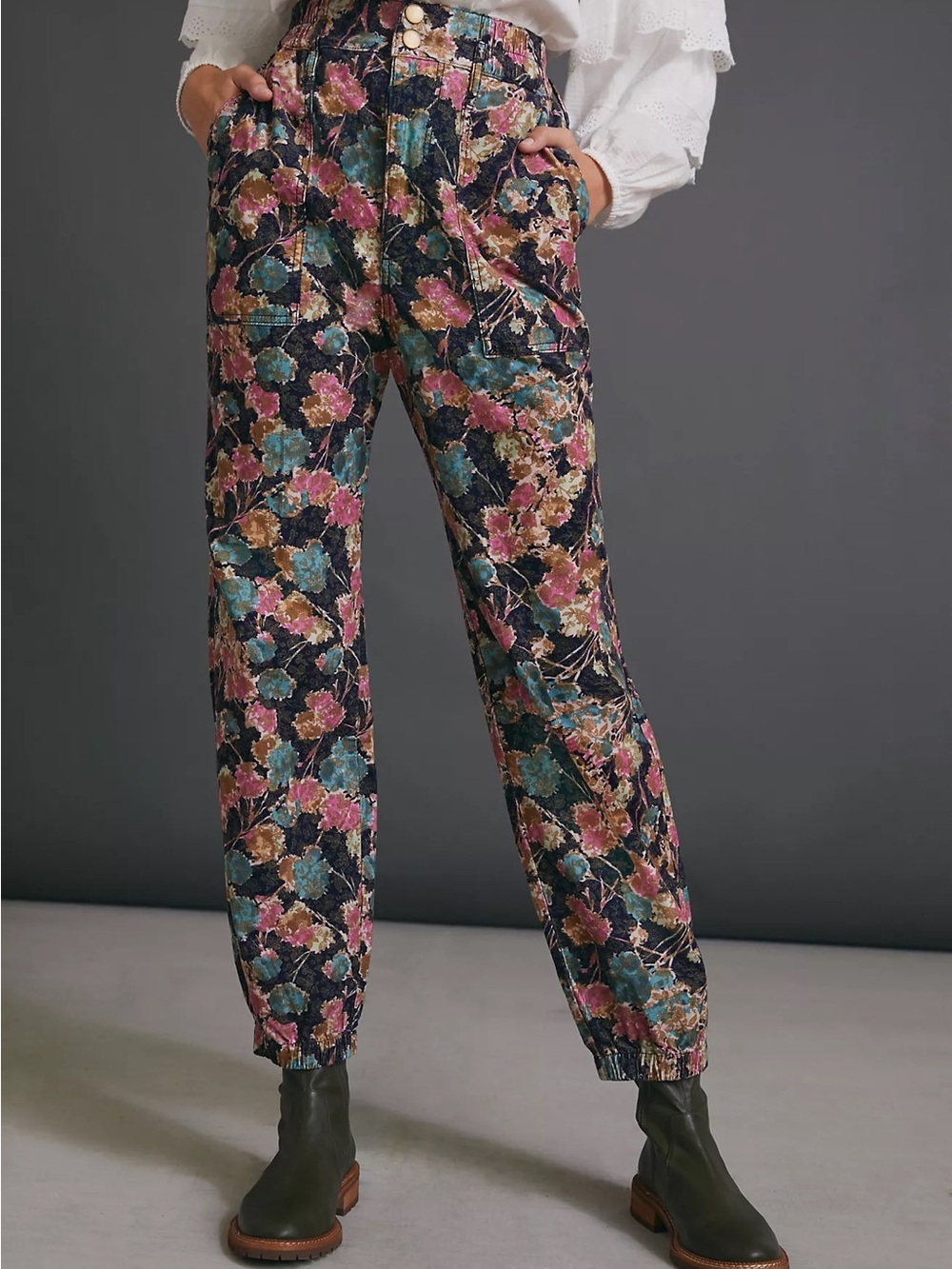 Anthropologie Floral Velvet Joggers - Teal, Pink, Gold on Black - Picture 3 of 9